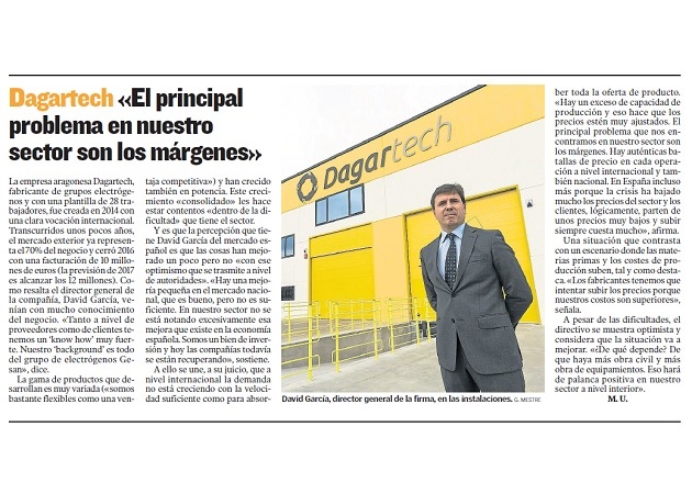 David García, Director General de DAGARTECH, en el suplemento de Economía y Negocios de Heraldo de Aragón