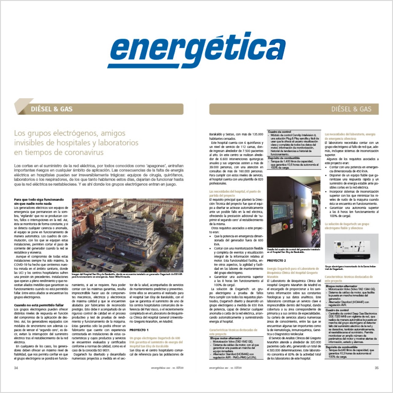 Grupos electrógenos Dagartech para hospitales en la revista Energética XXI